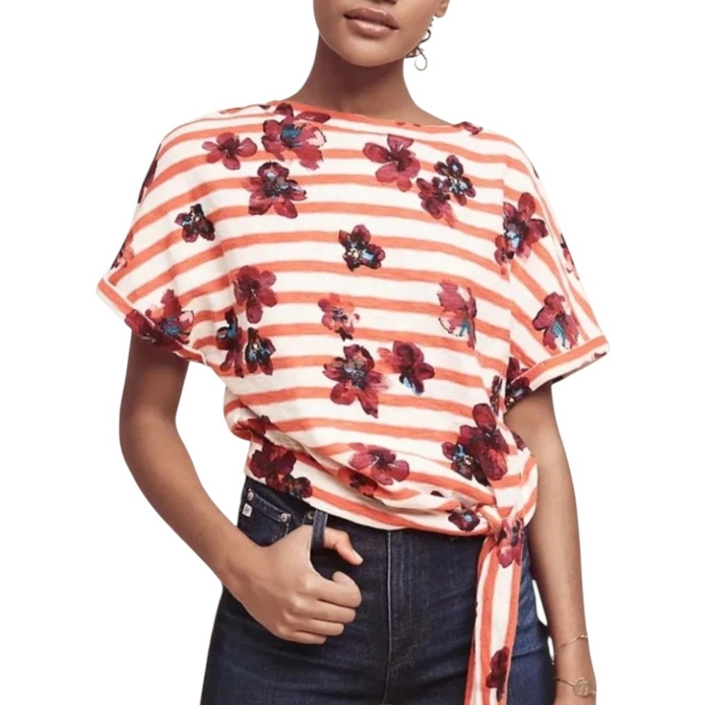 Postmark Anthropologie Red White Floral Striped Top Size Medium